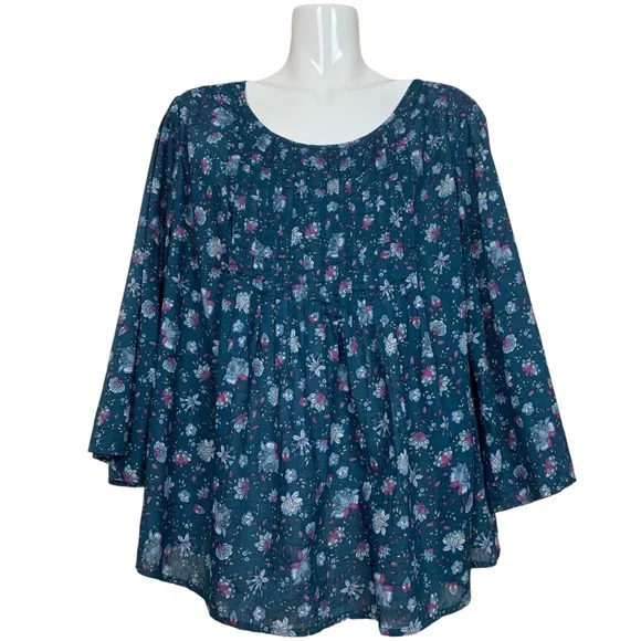 J. Jill Pintuck Floral Flare Sleeve Cotton Top Blouse XL - Picture 2 of 11